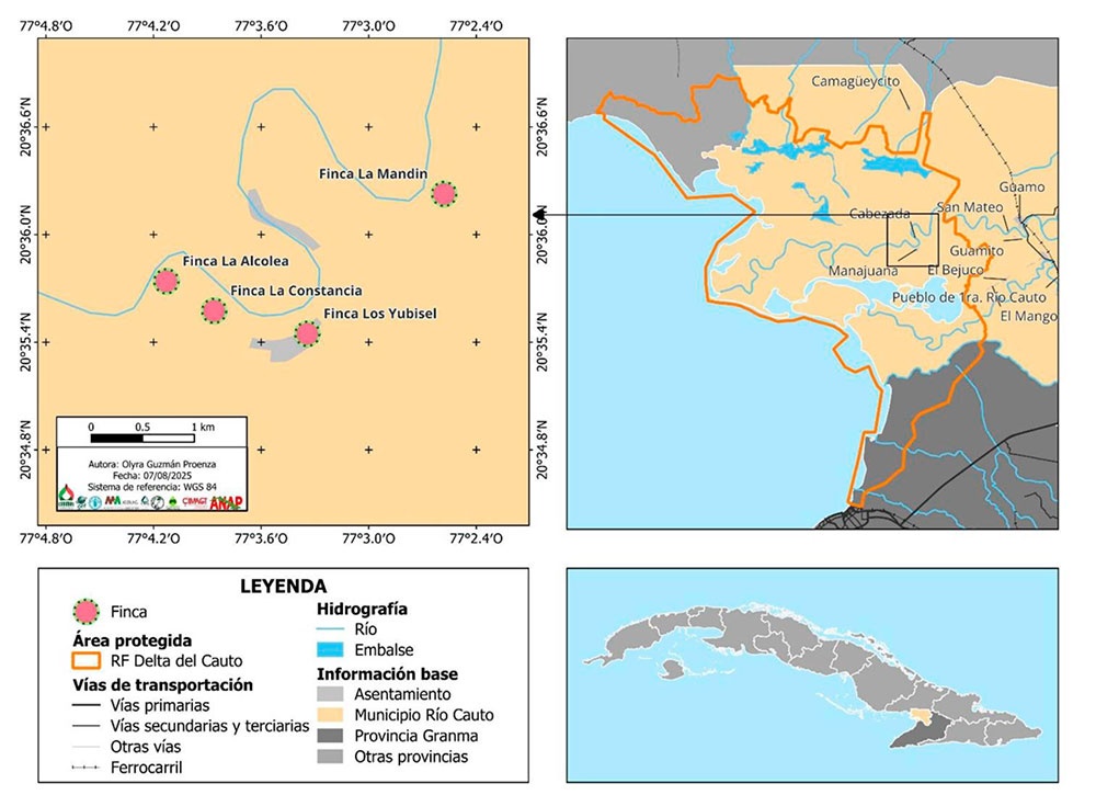 Ubicación geográfica de las fincas muestreadas para recolección de semillas de sandía (Citrullus lanatus) en la comunidad de Cabezada, Refugio de Fauna Delta del Cauto, provincia Granma, Cuba