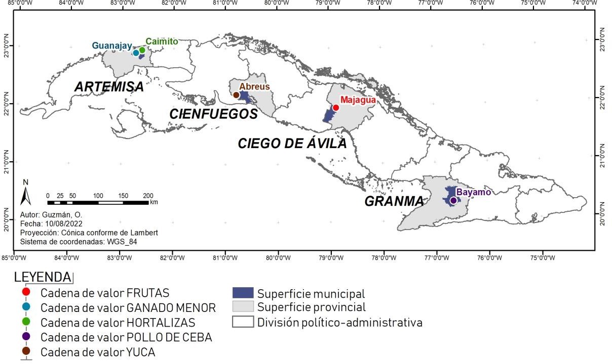 Ubicación geográfica de las cadenas de valor estudiadas.