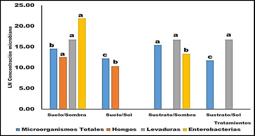Concentración de cuatro grupos microbianos en muestras de Tilo frescas en distintas condiciones experimentales. Barras con letras distintas difieren significativamente entre sí para p ≤ 0.05.