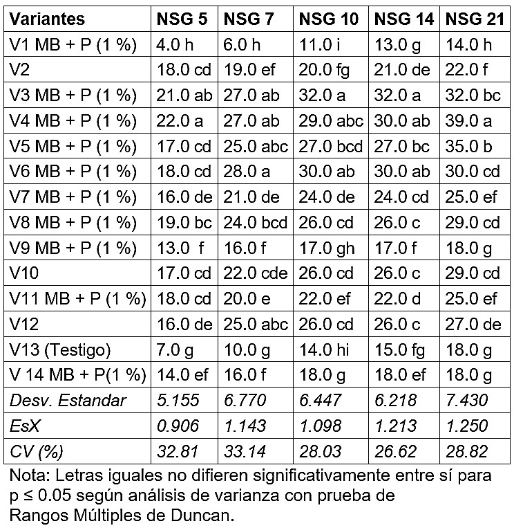 Comportamiento del DIMABAC (MB) frente al extracto P-1 sobre la germinación de semillas de tomate en las diferentes variantes experimentales.