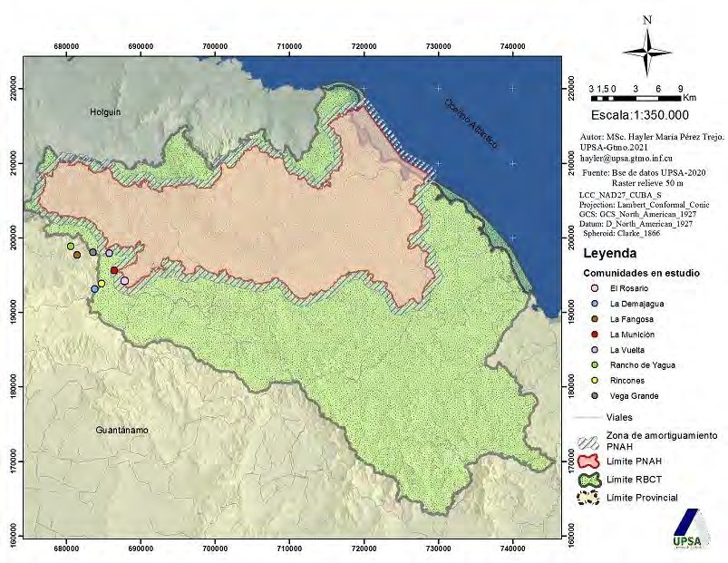 Mapa que muestra el polígono de la Reserva de Biosfera Cuchillas del Toa y del Parque Nacional Alejandro de Humboldt y la ubicación geográfica de las comunidades. Fuente UPSA, 2021.