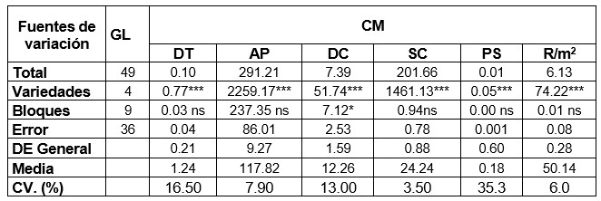 Análisis de varianza para los diferentes atributos de las variedades evaluadas. DT (diámetro del tallo), AP (altura de la planta), DC (diámetro de la cabezuela), SC (semillas por cabezuela), PS (peso de 100 semillas) y R/m2 (rendimiento m2/)