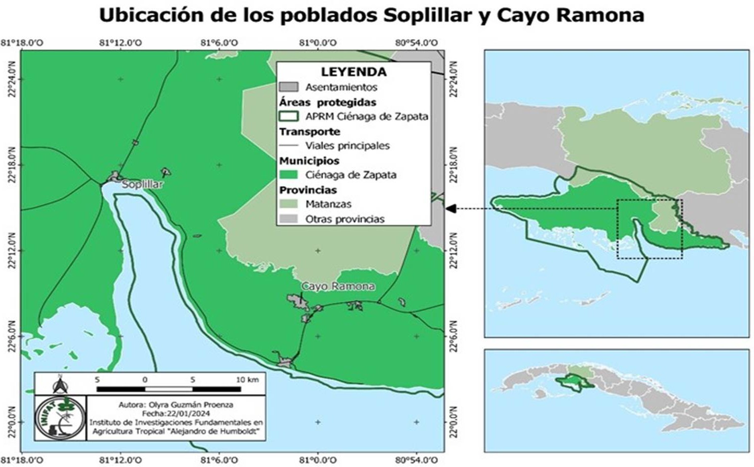 Área de estudio y ubicación geográfica de los agroecosistemas muestreados en Soplillar y Cayo Ramona, en el municipio Ciénaga de Zapata, provincia de Matanzas.