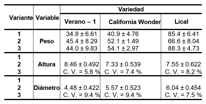 Características del fruto de variedades de pimiento cultivadas en organoponía protegida a diferentes densidades de plantación. Peso (g; media ± s); altura (cm; media ± s) y diámetro (cm; media ± s)